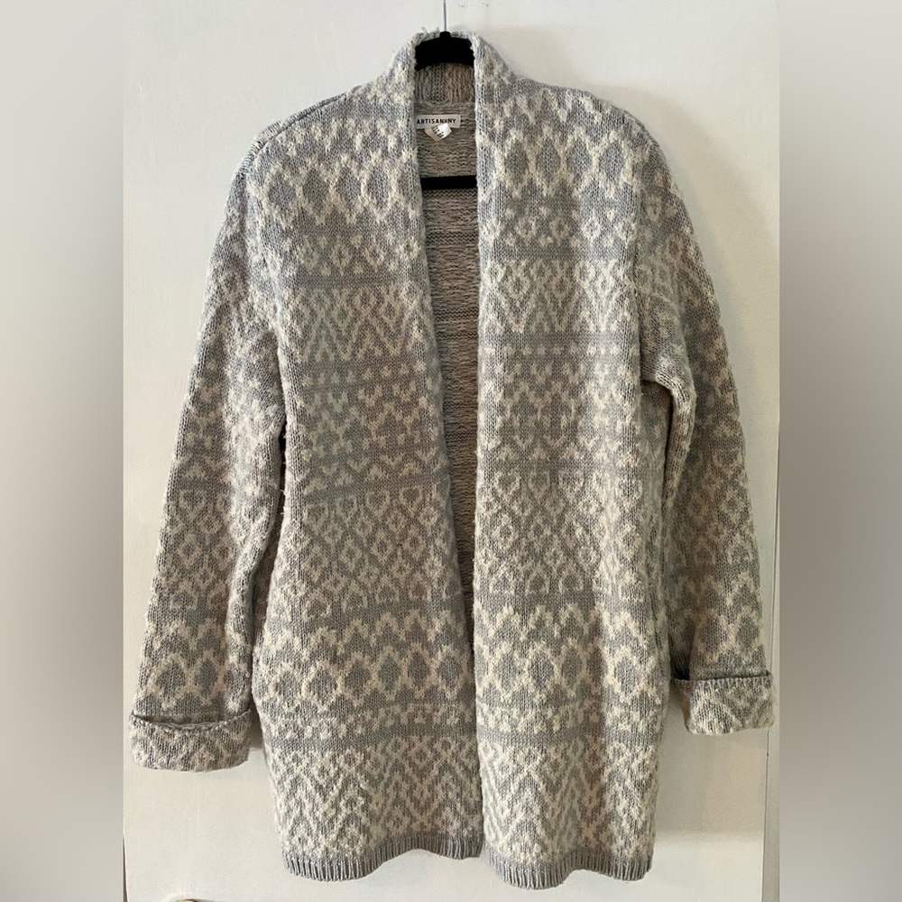Open front sweater/coat grey + off white Medium